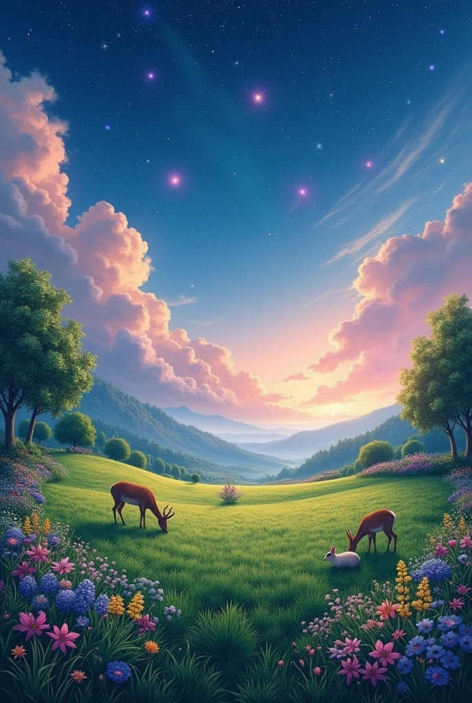 A beautiful environment and beautifully landscaped field with animals roaming around and plants and colorful stars in the sky