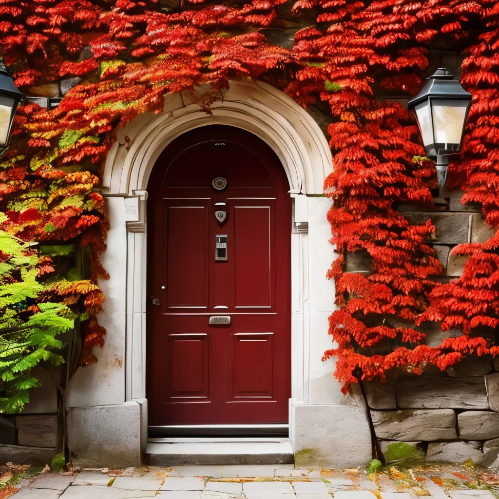 arafed door in a stone building covered in red leaves, magic doorway, doorways, doorway, beautiful deep colours, deep colours. ”, rich picturesque colors, doors, full of colors and rich detail, autumn! colors, colorful vines, dramatic entry, beautiful deep colors, beautiful colours, clad in vines, in the autumn, rich and deep colors, incredible colors