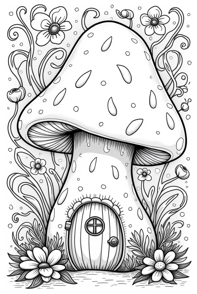 Generate a mushroom House coloring book pages high details no grayscale no color but the design is simple black and white  flowers background 
