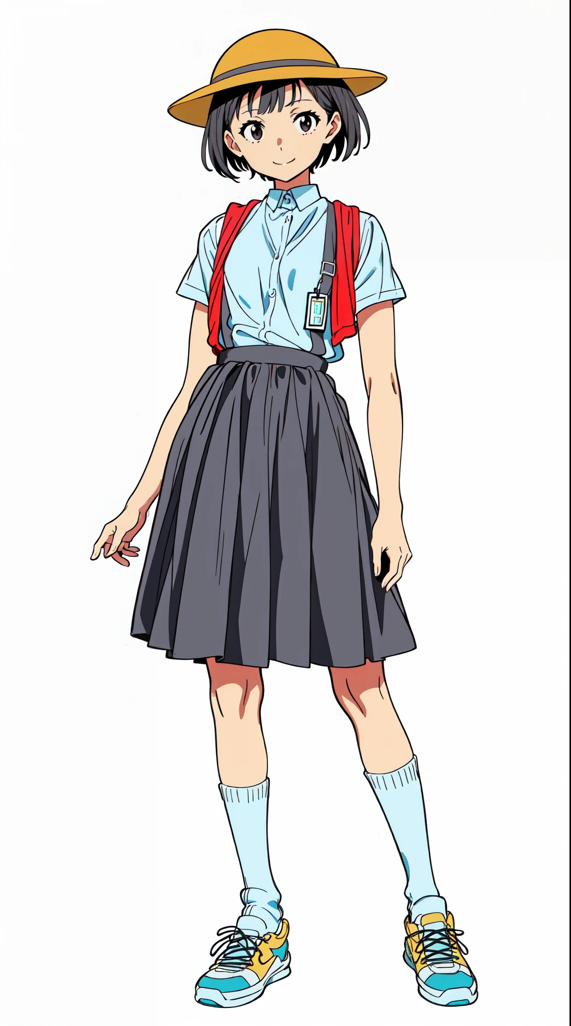 (white background:1.0), (best quality:1.0), (masterpiece:1.0), (super fine illustration:1.0), (beautiful artwork:1.0), (anime screencap:1.0), (official art:1.0), (full body:1.0), (solo:1.0), (a 12yo cute girl:1.0), (yellow hat:1.0), (red randoseru:1.0), (name tag:1.0), (long skirt:1.0), (black skirt:1.0), (pleated skirt:1.0), (white shirt:1.0), (short sleeve dress shirt:1.0), (black thin suspenders:1.0), (sneakers:1.0), (white socks:1.0), (ideal ratio body proportions:1.0), (lanky:1.0), (tall:1.0), (slender:1.0), (small breasts:1.0), (smaller face:1.0), (detailed beautiful eyes:1.0), (detailed beautiful face:1.0), (tareme:1.0), (smile:1.0), (cheerful:1.0), (glowing black eyes:1.0), (short hair:1.0), (blunt bangs:1.0), (black hair:1.0), (standing:1.0), (looking at viewer:1.0)