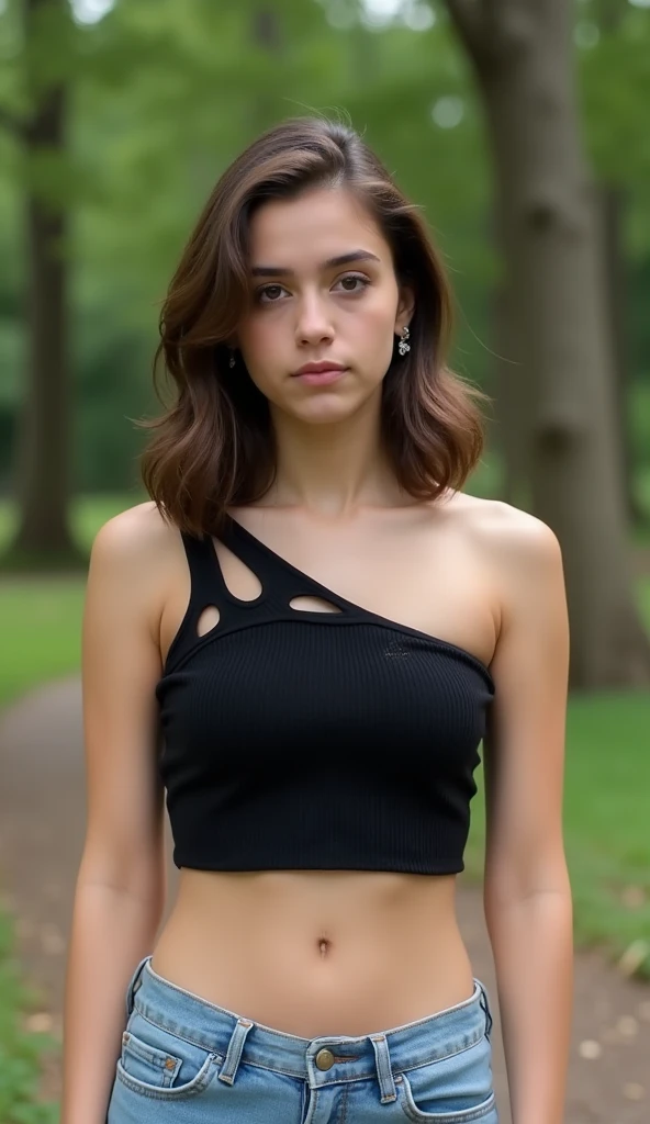 a young woman standing in a park or garden. She is wearing a black one-shoulder crop top with a criss-cross design on the front. The top is made of a ribbed knit fabric and is paired with light blue denim shorts. The woman has shoulder-length brunette hair styled in loose waves and is looking directly at the camera with a serious expression. The background is blurred, but it appears to be a wooded area with trees and greenery.