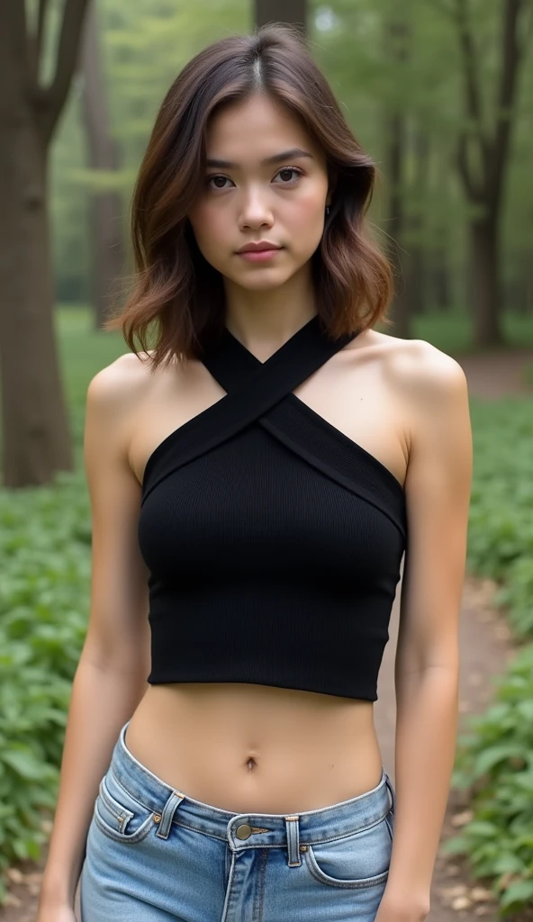 a young woman standing in a park or garden. She is wearing a black one-shoulder crop top with a criss-cross design on the front. The top is made of a ribbed knit fabric and is paired with light blue denim shorts. The woman has shoulder-length brunette hair styled in loose waves and is looking directly at the camera with a serious expression. The background is blurred, but it appears to be a wooded area with trees and greenery.