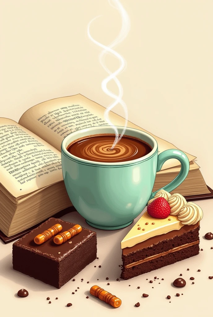 lineart with an icon of caramel wrapped in a cup of coffee and a piece of brownie and cake next to a book. Paleta de cores: Use caramel tones, Warm brown, cream and mint green.