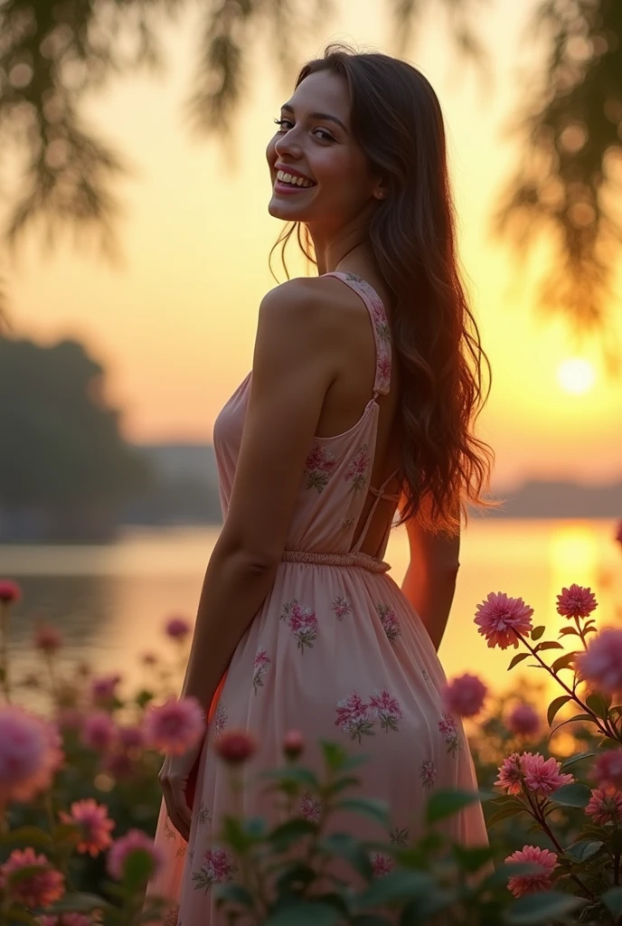 left arm behind her, smiling
