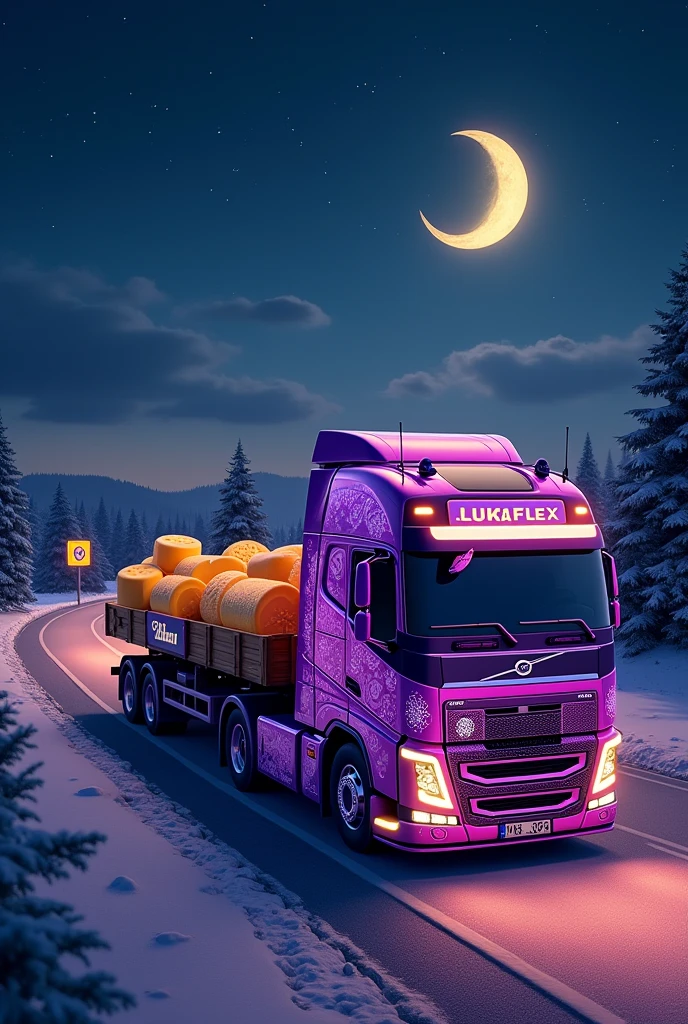 masterpiece, high quality, Volvo truck with a horn, walking down the road, a sign on the side of the road should say:"lukasflex" carrying cheese in its fox, Fluo colors, purple, most realistic truck, more details con una luna de fondo, make the cheese more visible, more details, add fantasy,