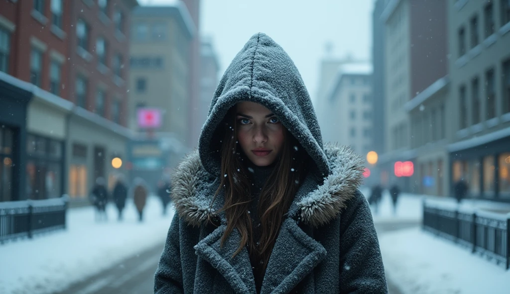 a woman with her face covered in snow wearing a large coat covered in a lot of snow and frozen and in a frozen city, snow falling in the background of the city