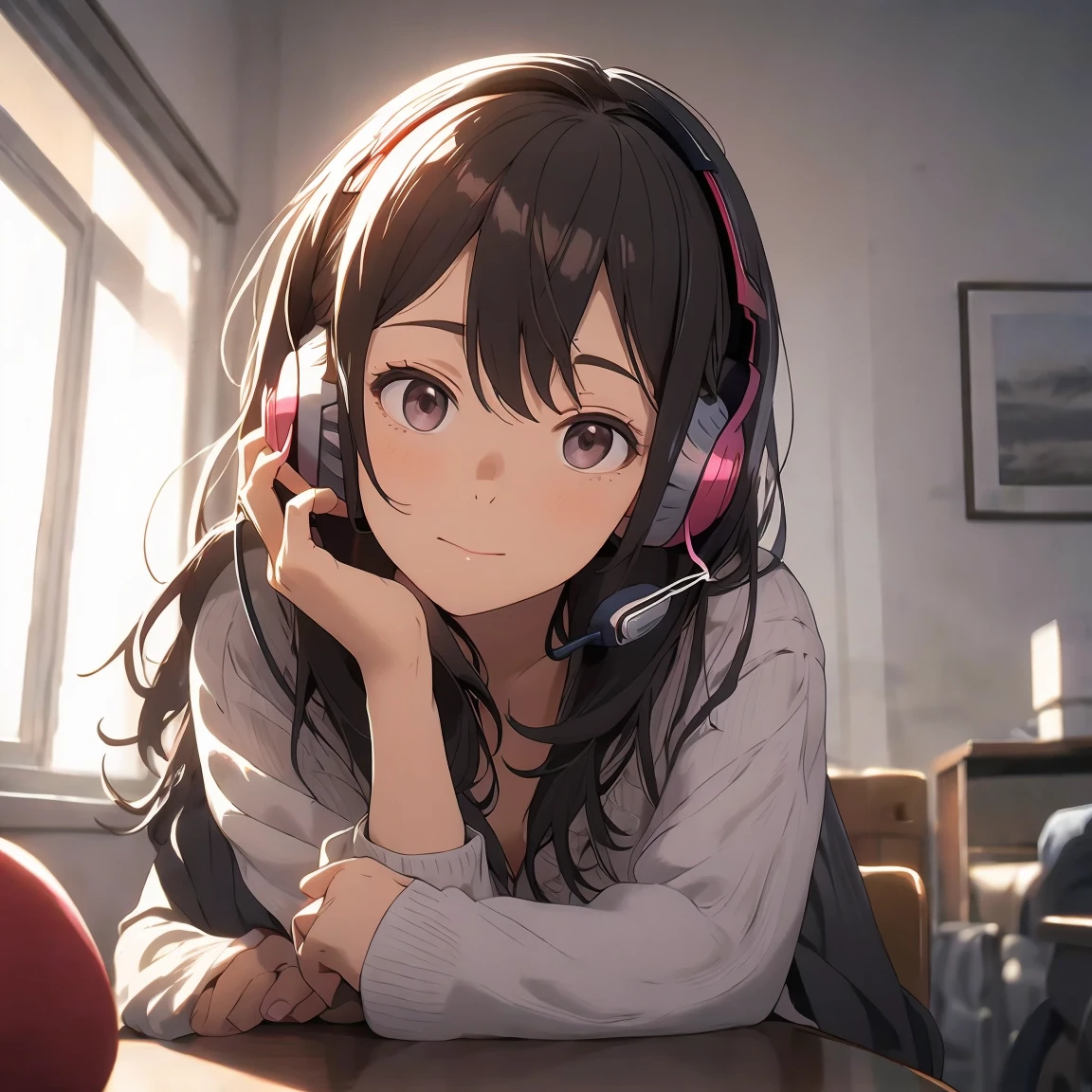 Optimal，masterpiece，High resolution，Highest quality，A warm room。A beautiful woman looking out the window。Wearing one headphone。It&#39;s night outside。Clothes are hoodies。profile