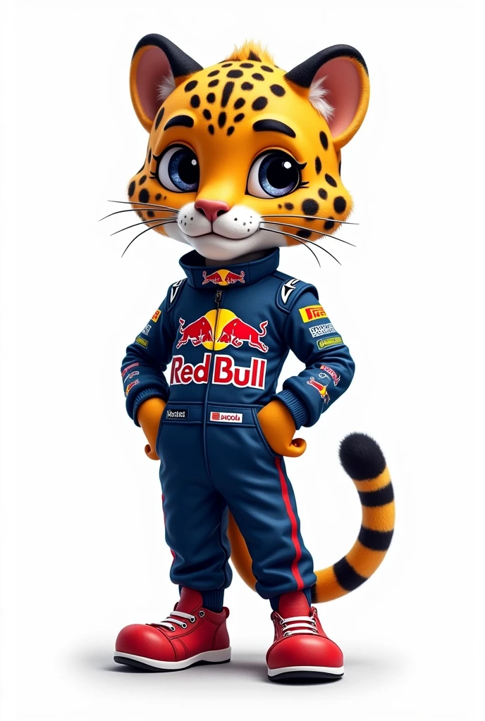 An image like the Ralph Lauren bear but it's a Leopard dressed in a Formula 1 suit with a white background and from the Red Bull team.