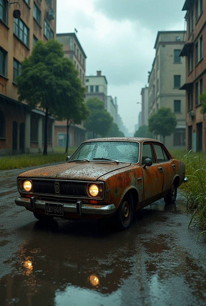 photo of a rusty old car with side angle, post-apocalyptic city street scene, tree grow everywhere, dilapidated buildings, cracked pavement, overgrown tall grass, cloudy dramatic sky, greeny, light rain, water reflection the car, reflection photography, cinematic lighting, cinematic composition, highly detailed, photorealistic