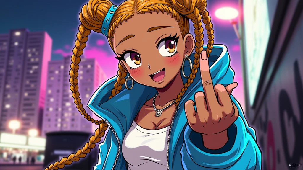 black anime character in braids with the middle finger