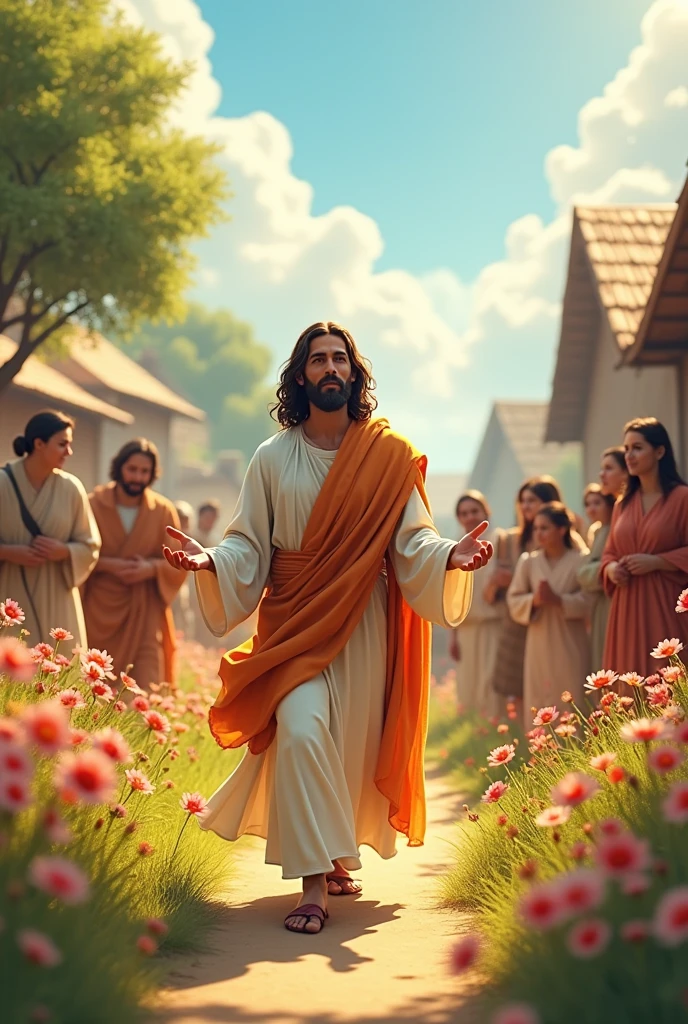 
 drawing for ren of Jesus walking and healing sick people with a drop of blood
