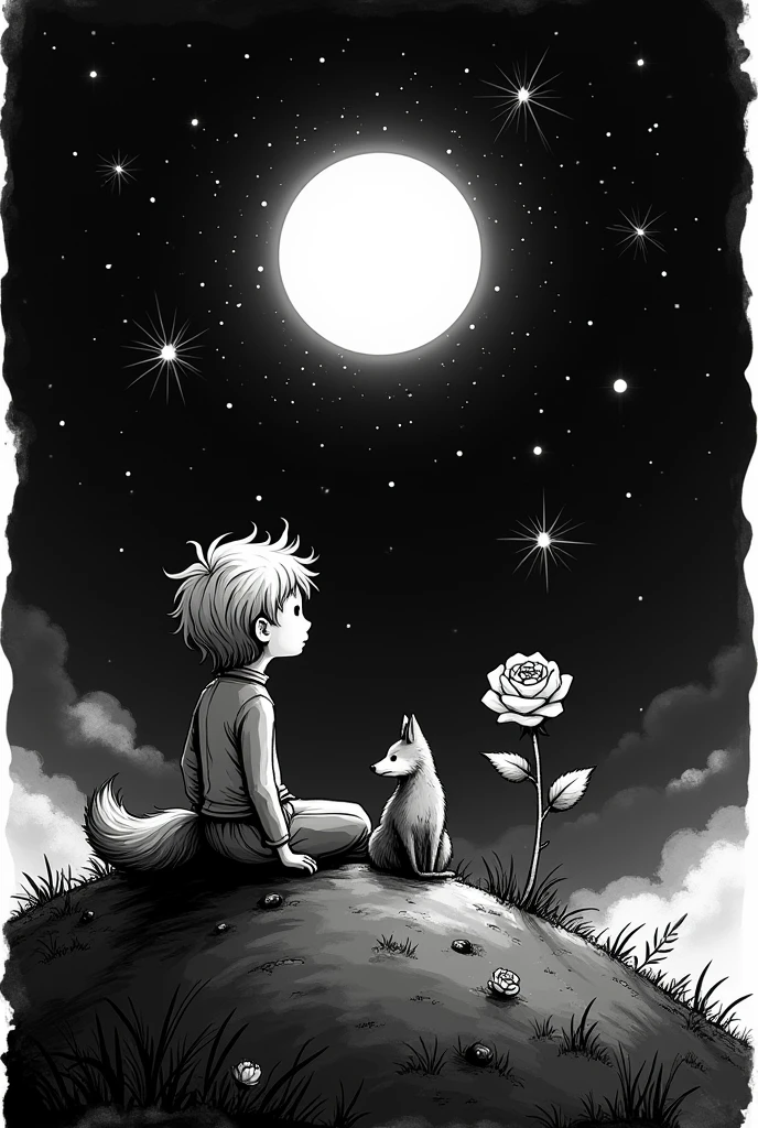 Black and white sticker style image of the it prince sitting with his back to the fox and the rose watching the moon and the stars