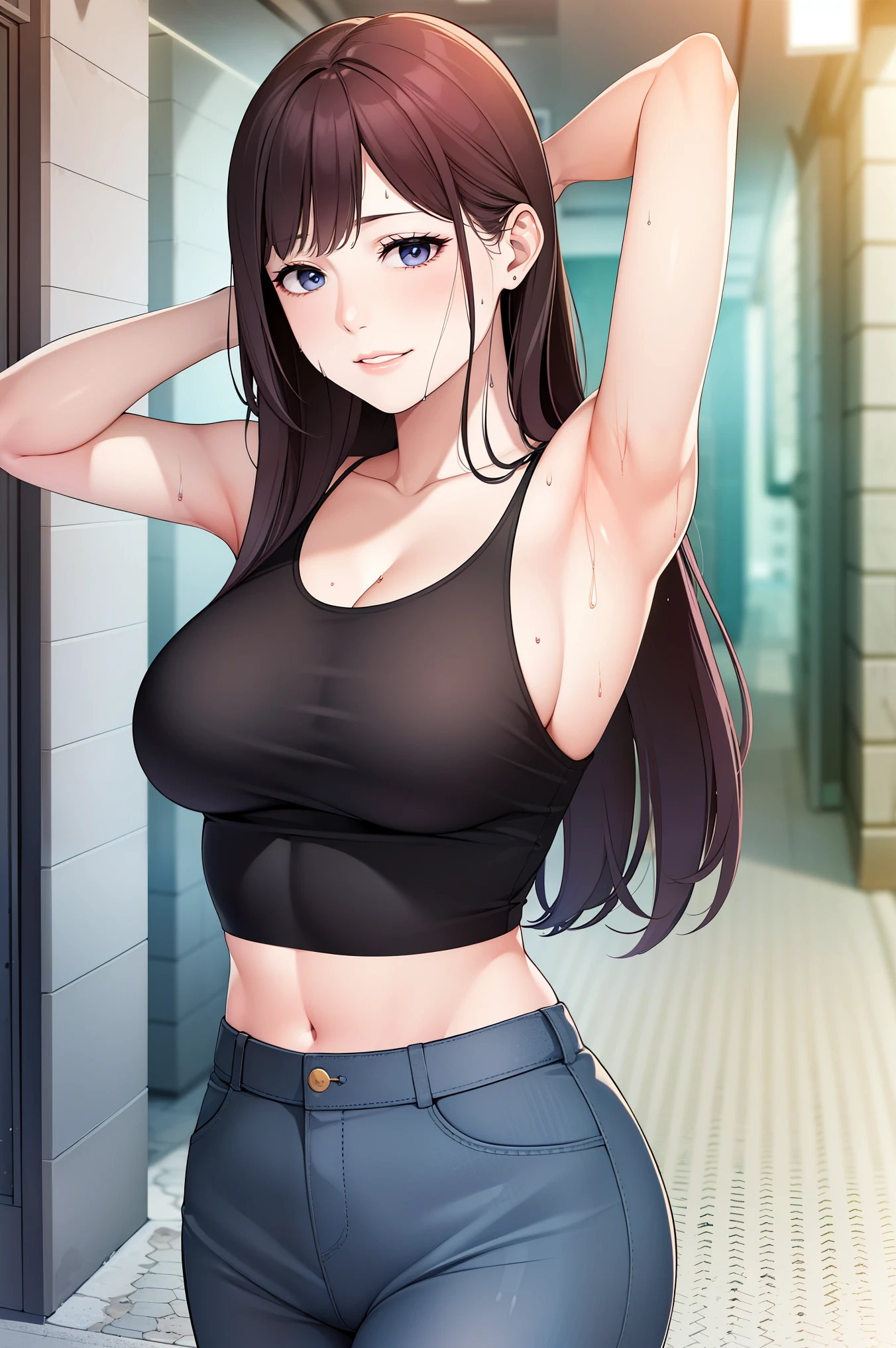 (Highly detailed CG Unity 8k wallpaper, highest quality, Super detailed, masterpiece), college girl、beautiful eyes、Long Hair、big breasts、Small breasts、Embarrassed、Red face、smile、Sweat on the cheekini skirt、Tank top))、Day School、Walking the hallway、Place your hands behind your head、Show your side、Realistic armpits