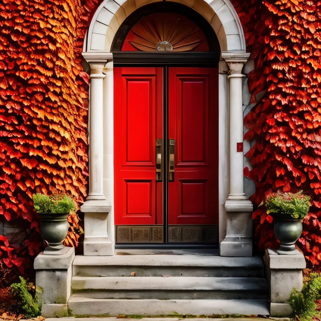 arafed door in a stone building covered in red leaves, a photo by Juan Carlos Stekelman, shutterstock, conceptual art, magic doorway, doorways, doorway, beautiful deep colours, deep colours. ”, rich picturesque colors, doors, full of colors and rich detail, autumn! colors, colorful vines, dramatic entry, beautiful deep colors, clad in vines