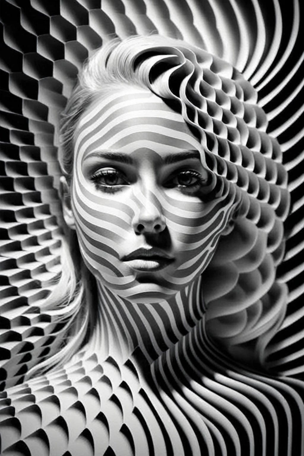 a woman with a black and white pattern on her face, stunning digital art, complicated digital art, 3 d digital art, 3d digital art, complicated digital artwork, Advanced 3D digital art, amazing detailed digital art, digital complicated art, Detailed 3D digital art, amazing digital art, 4k symmetrical portrait, 4k symmetrical portrait