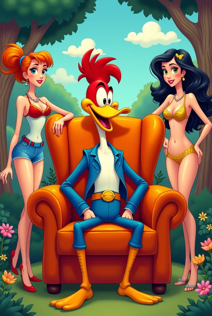 print, The Woody Woodpecker Show sitting in a large armchair with the winnie females one on each side of the armchair in a sexy position chained by the neck