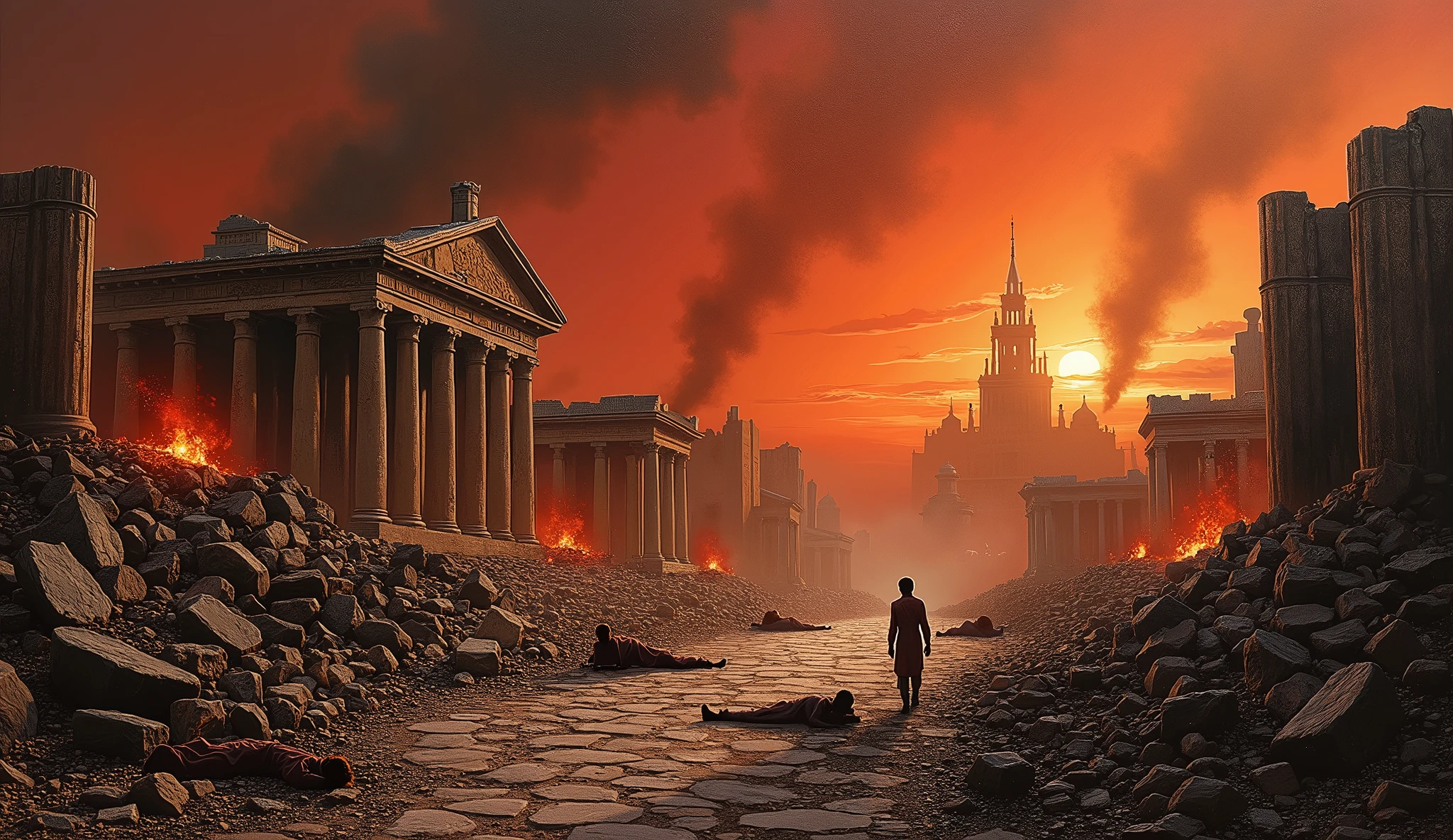 (oil painting) newly destroyed ancient city, with fire, Smoke and dead bodies randomly distributed on the streets