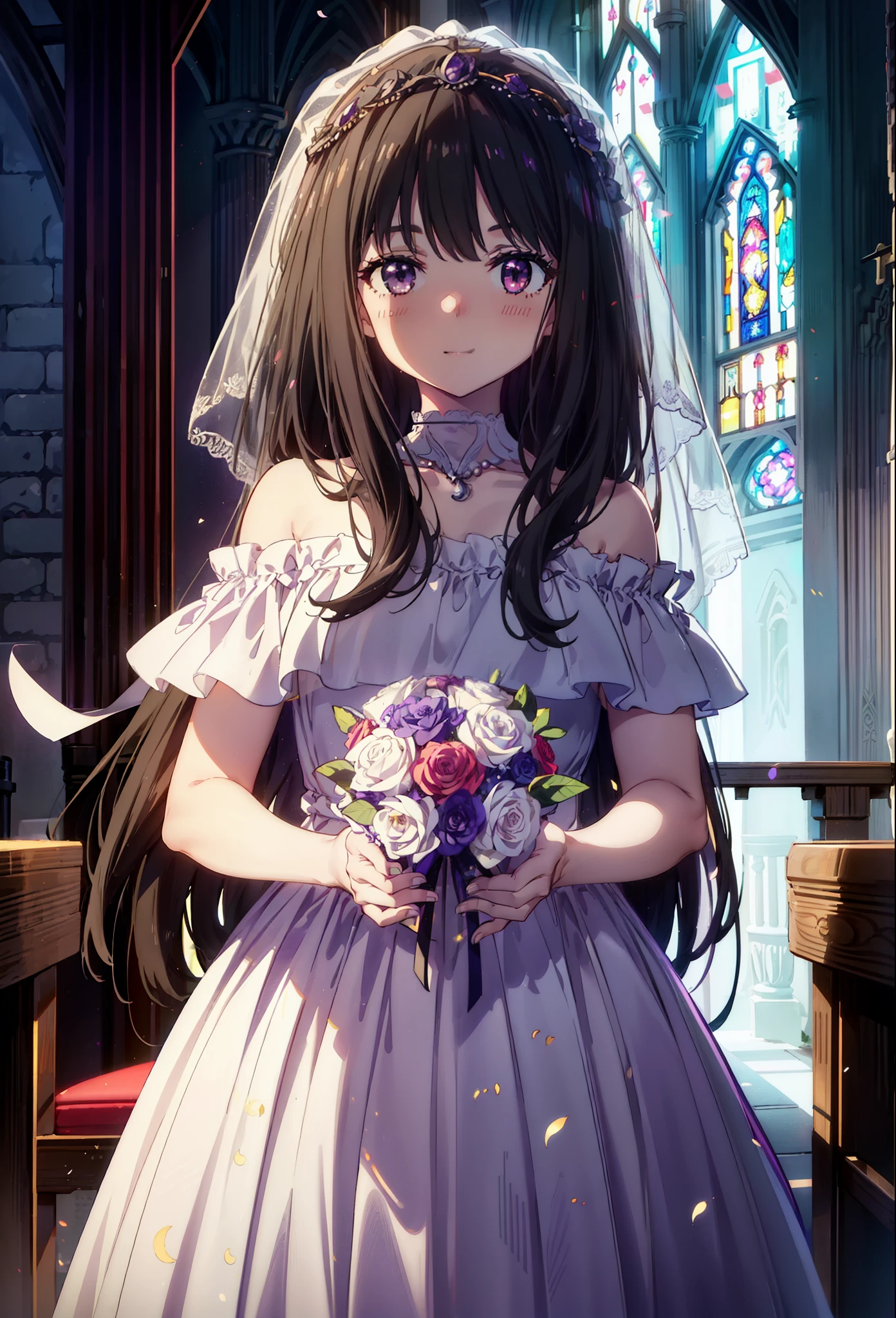 Takiuchikami, Long Hair, bangs, Black Hair, (Purple eyes:1.2),Veil,Off-the-shoulder white wedding dresses,necklace,Veil,white wedding long skirt,holding a bouquet of flowers in both hands,smile,blush,As if your whole body is in the illustration,Daytime,sunny,
break indoors, Chapel,church,
break looking at viewer, Upper Body,(Cowboy Shot:1.5),
break (masterpiece:1.2), Highest quality, High resolution, unity 8k wallpaper, (shape:0.8), (Beautiful attention to detail:1.6), Highly detailed face, Perfect lighting, Extremely detailed CG, (Perfect hands, Perfect Anatomy),