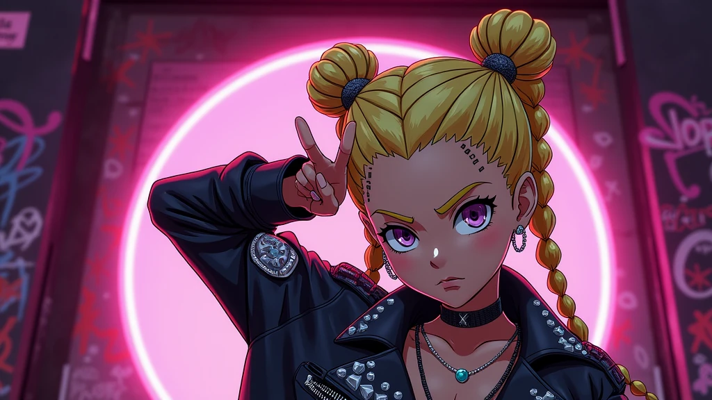 black anime character in braids with punkrock leather jacket with the middle finger