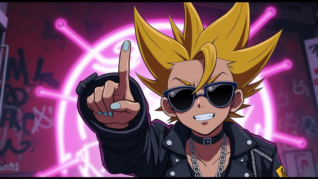 black anime character in braids with punkrock leather jacket with the middle finger