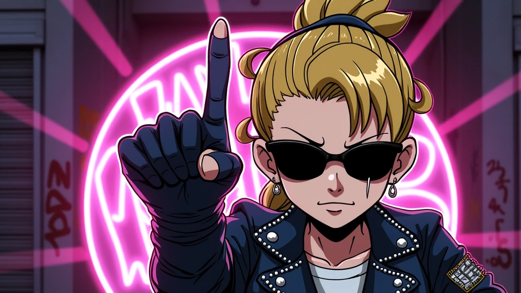 black anime character in braids with punkrock leather jacket with the middle finger