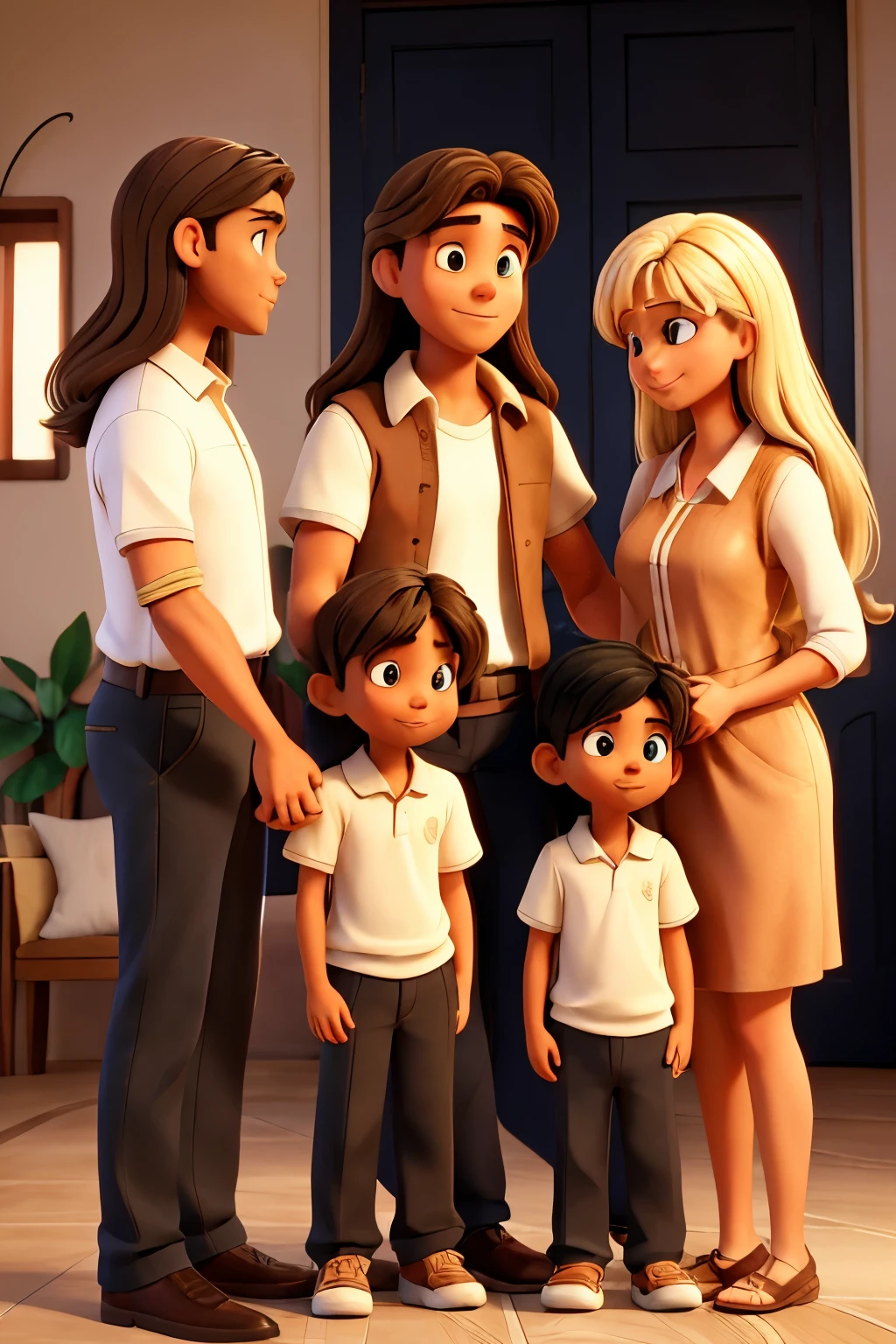 A family embracing, father with short black hair, mother with long brown hair, and a young son with blonde hair