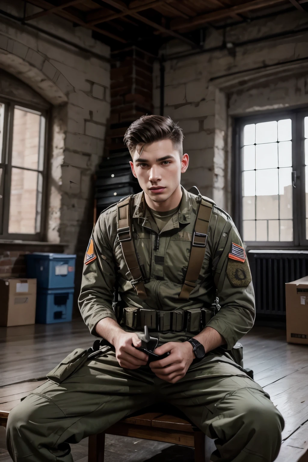 Soldier sitting in the armory receiving clothes
