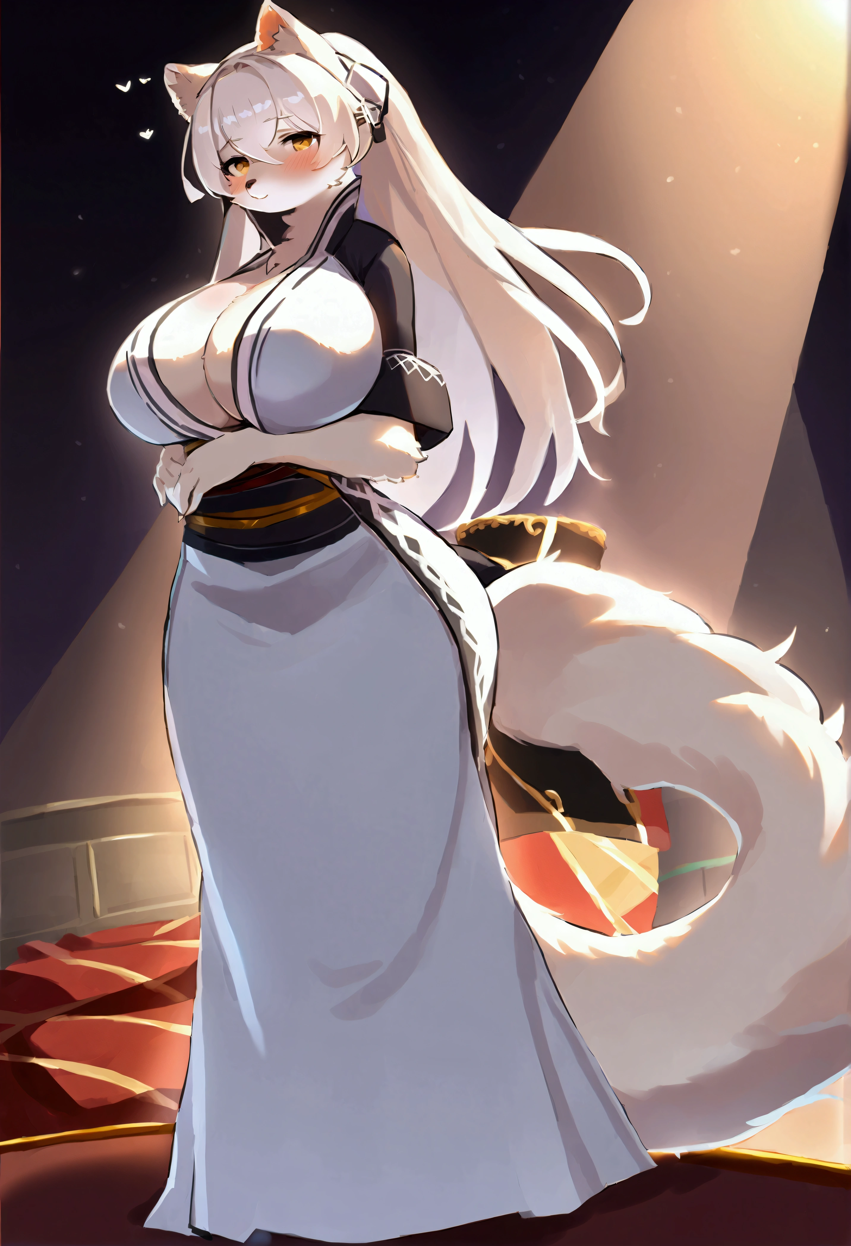 top quality, best quality, High-quality illustrations, masterpiece, 16k, 1080p, uploaded on e621)(kemono, furry, anthro, alone), round, 1 female, hot mother figure, very detailed body face and eyes, white ferret, Hanazono Chiyuki, (Sdorica), white fur, fluffy, big breasts, tail, perfect eyes, yellow eyes, white ponytail hair, beautiful japanese dress, theatre, scene, body movement, body twitching, shy smile, red blushing,