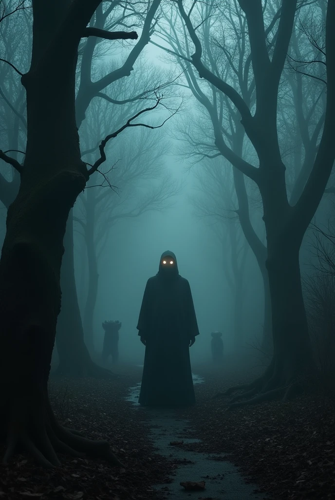 A scene of suspenseful horror set in a dark, foggy forest at night. Tall, twisted trees form a dense labyrinth of skeletal branches, with their shadows cast upon the damp ground. En el centro de la imagen, there is an indistinct human figure, Wrapped in a dark cloak, only partially visible through the thick fog. Their eyes gleam with a sinister light, quase sobrenatural. The ground around is covered in dry leaves and debris, with small traces of blood leading up to the figure. No fundo, silhouettes of other deformed and menacing creatures lurk, half-hidden among the trees, as if they are watching the main figure. The atmosphere is oppressive and unsettling, as if something terrible was about to happen, but the real danger still remains hidden in the shadows.