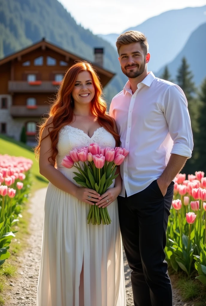 A plump woman with wide hips and small breasts, she is beautiful. Her hair is long and red, her cheeks are full of freckles and red.. Dressed in a white dress swirled with pink tulips.

A handsome man of 38 years old with short, dark blonde hair, Striking green eyes, his sculpted jaw and stubble he is handsome with black dress pants and a white button-down shirt.

They are facing each other and in the background there is a large and beautiful chalet.
