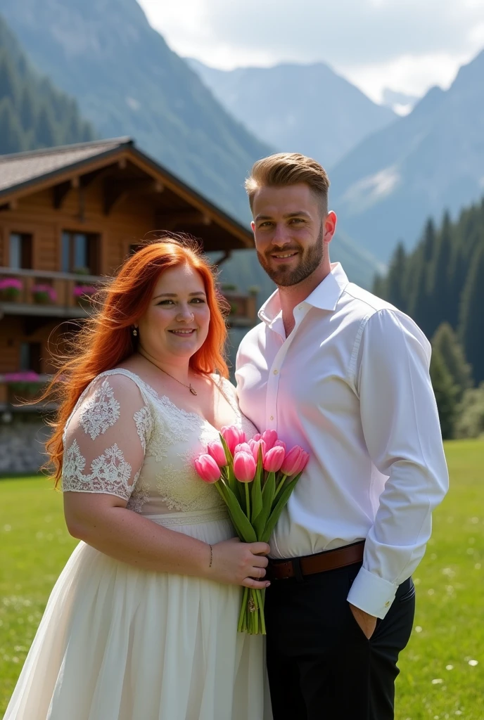 A plump woman with wide hips and small breasts, she is beautiful. Her hair is long and red, her cheeks are full of freckles and red.. Dressed in a white dress swirled with pink tulips.

A handsome man of 38 years old with short, dark blonde hair, Striking green eyes, his sculpted jaw and stubble he is handsome with black dress pants and a white button-down shirt.

They are facing each other and in the background there is a large and beautiful chalet.