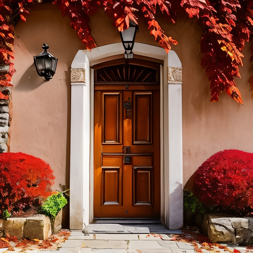 arafed door in a stone building covered in red leaves, magic doorway, doorways, doorway, beautiful deep colours, deep colours. ”, rich picturesque colors, doors, full of colors and rich detail, autumn! colors, colorful vines, dramatic entry, beautiful deep colors, beautiful colours, clad in vines, in the autumn, rich and deep colors, incredible colors