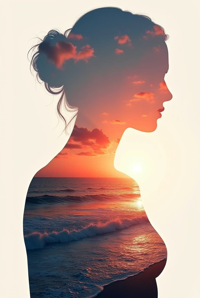 high quality, 8K Ultra HD, A beautiful double exposure that combines an goddess silhouette with sunset coast, sunset coast should serve as the underlying backdrop, with its details incorporated into the goddess , crisp lines, The background is monochrome, sharp focus, double exposure, by yukisakura, awesome full color,