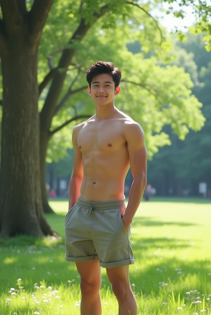 A 15-year-old Japanese man wearing shorts with his shirt off, realistic photo.