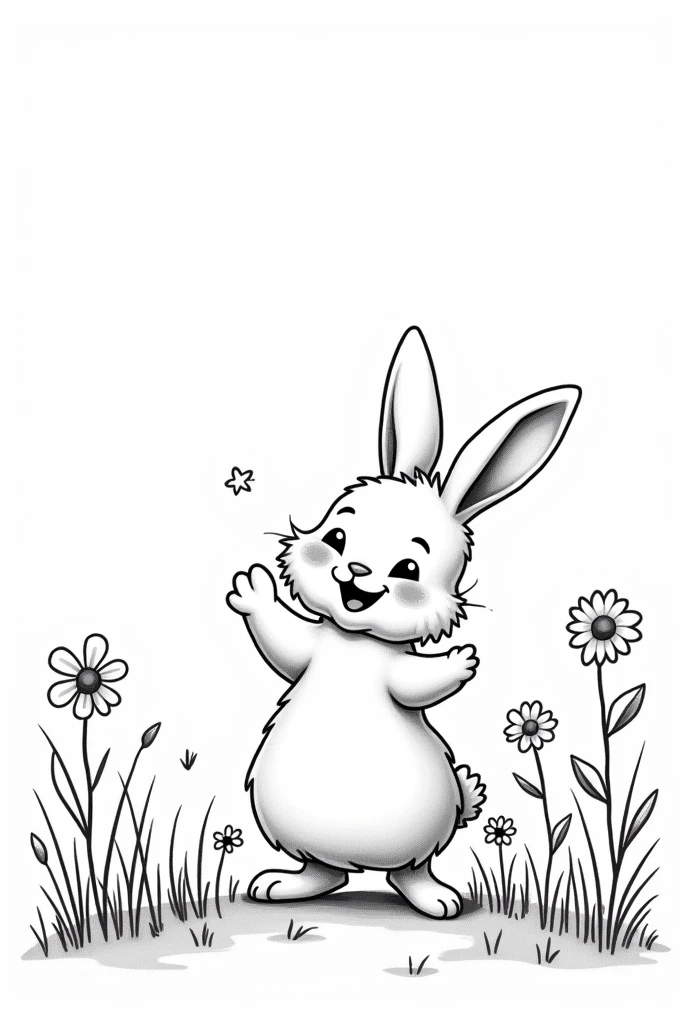 black and white line drawing of a white happy bunny