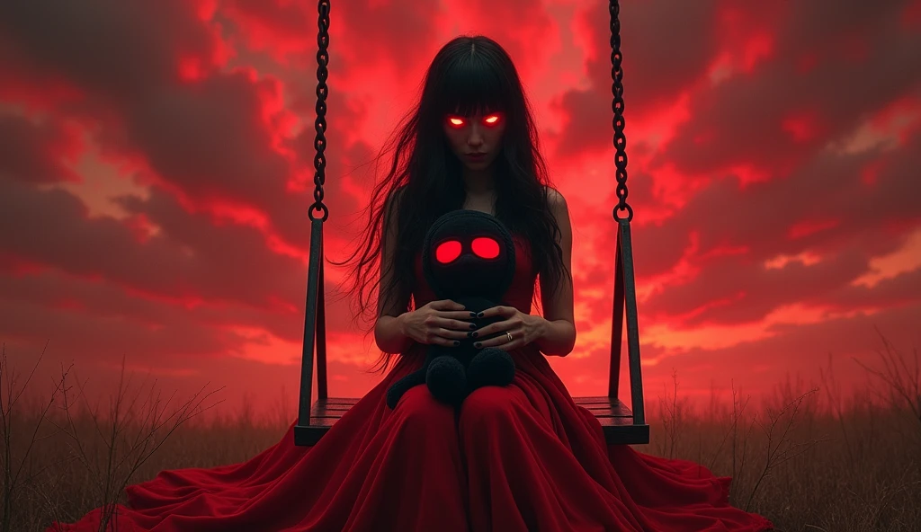  in red dress and with tall black hair is holding plushie F.E.A.R operative with black balaclava and red googles. She is sitting on the swings and her eyes glow red. The sky is chaotic red