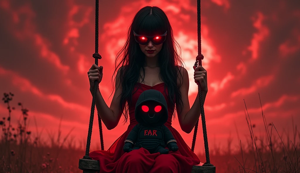 in red dress and with tall black hair is holding plushie F.E.A.R operative with black balaclava and red googles. She is sitting on the swings and her eyes glow red. The sky is chaotic red