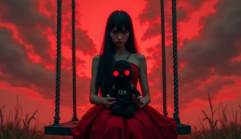  in red dress and with tall black hair is holding plushie F.E.A.R operative with black balaclava and red googles. She is sitting on the swings and her eyes glow red. The sky is chaotic red
