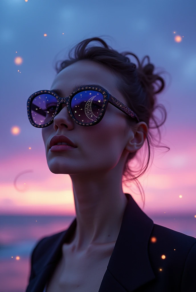 The model is wearing glass sunglasses with stars and the moon on the glass