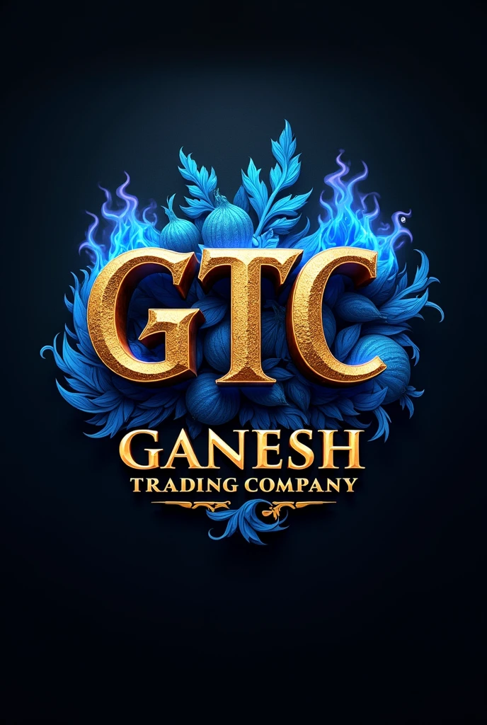 Create professional logo GTC name and add Ganesh treading company text below logo and add fire blue strike, add metal gold texture, add onion
Make it 3D