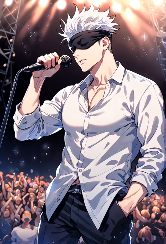 Ultra detailed, HDR, Highres, absurdres, masterpiece, best quality, solo focus, Gojou Satoru, white hair, black blindfold, covered eyes, white shirt, black pants, mic, Jujutsu Kaisen, sexy man, handsome, stage, concert, handsome, sensual, glittering, solo, manly man