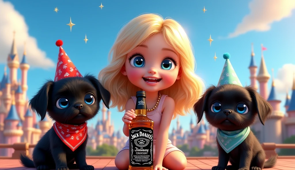 Cute blonde giirl with big blue eyes 2 adorable black shih tzu puppies with big blue eyes wearing bright collars and bandanas holding a bottle of jack daniels two shot glasses having a party on a disney rooftop 3D Pixar style