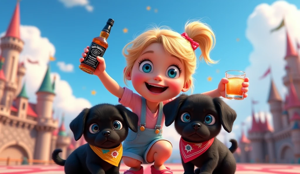 Cute blonde giirl with big blue eyes 2 adorable black shih tzu puppies with big blue eyes wearing bright collars and bandanas holding a bottle of jack daniels two shot glasses having a party on a disney rooftop 3D Pixar style