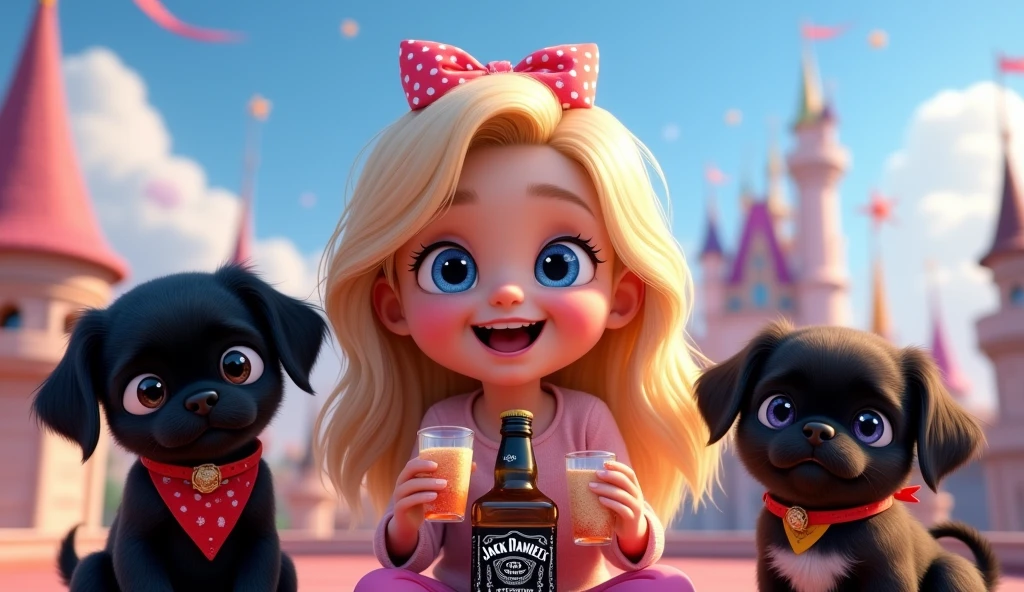 Cute blonde giirl with big blue eyes 2 adorable black shih tzu puppies with big blue eyes wearing bright collars and bandanas holding a bottle of jack daniels two shot glasses having a party on a disney rooftop 3D Pixar style