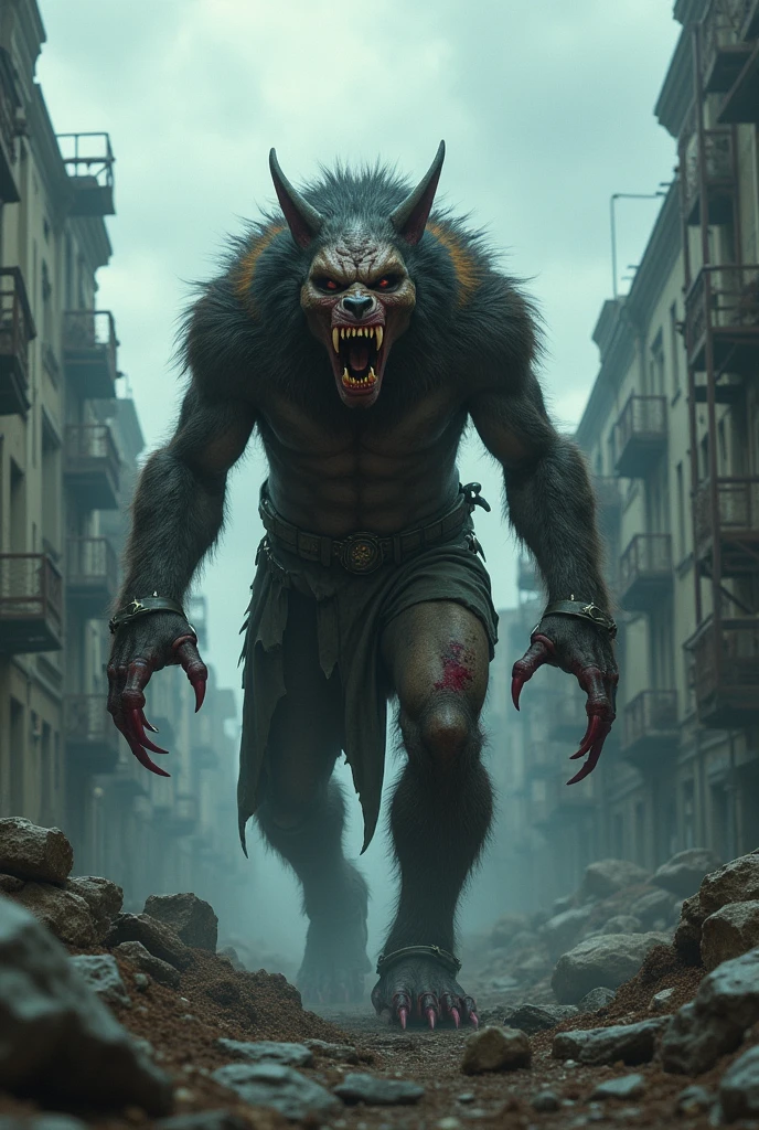 Half human, half beast, claws, post apocalyptic, horor, Terror, bloodstains, animal part, human size, big teeth
