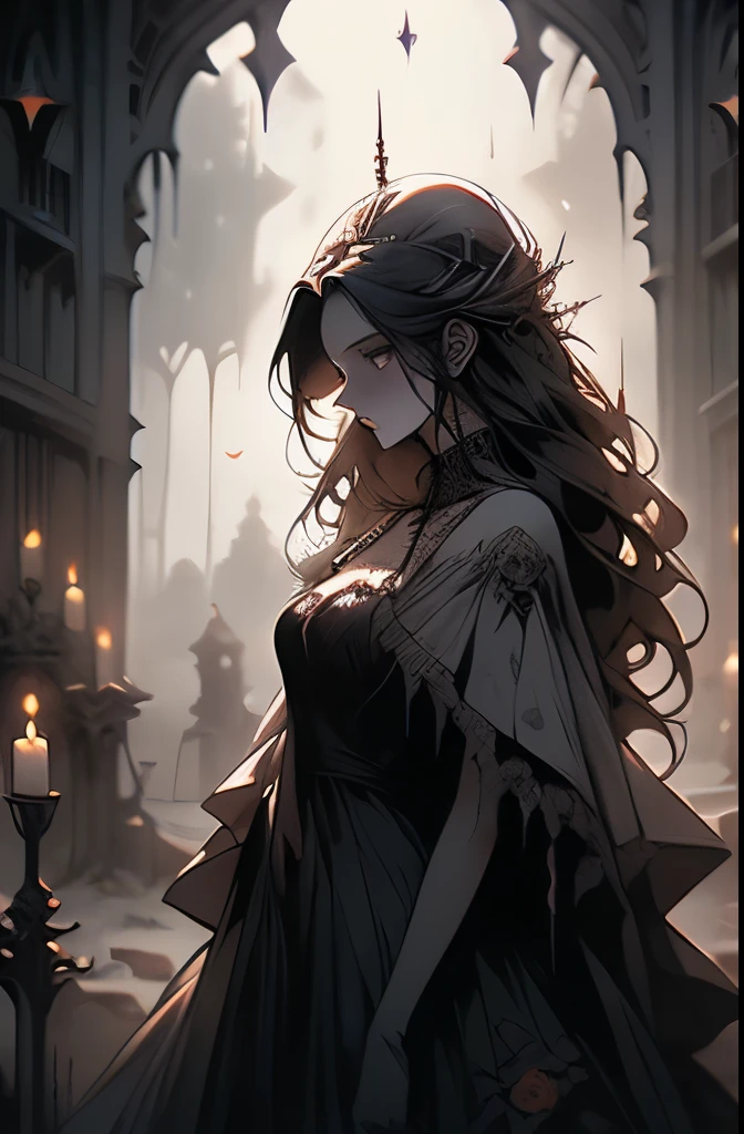 a picture taken from a cemetery at night with a ghost walking in the cemetery, hauntingly beautiful art, la llorona, ?????? bride art style, gothic wraith maiden, inspired by Gustave Dore, luthien, style of esao andrews, beautiful depiction, michael whelan and gustave dore, gothic fantasy art, goddess of death in a graveyard