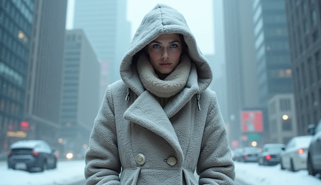 a woman with her face covered in snow wearing a large coat covered in a lot of snow and frozen and in a frozen city, snow falling in the background of the city