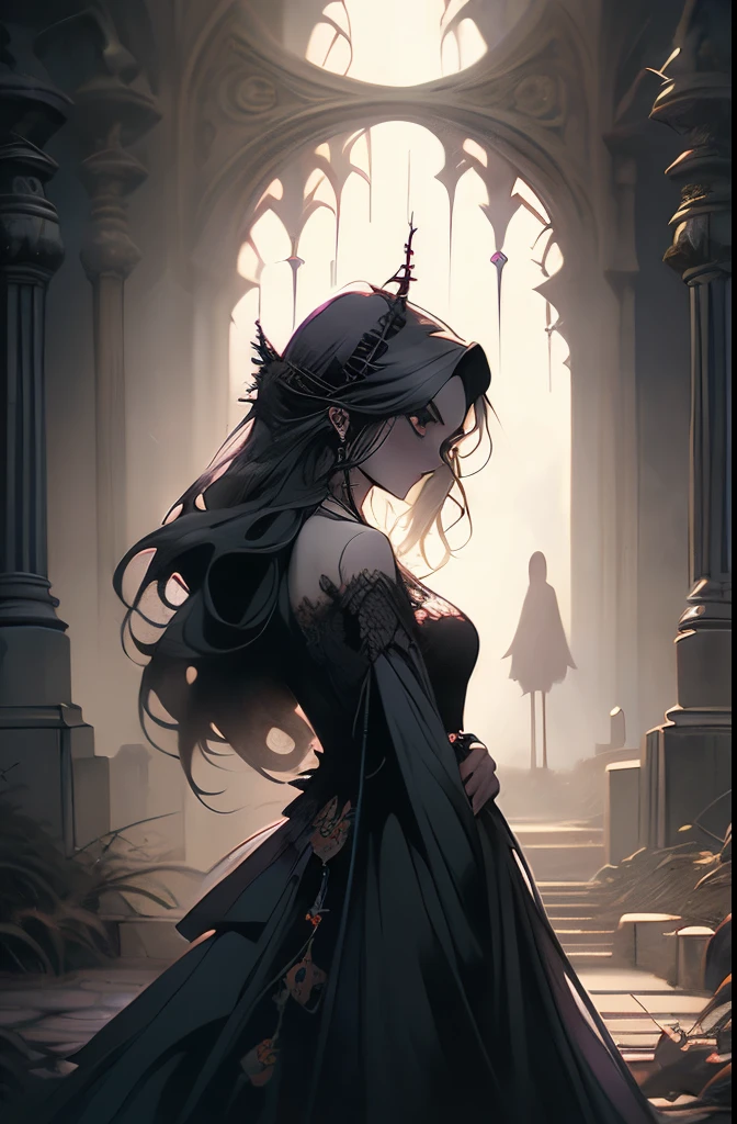 a picture taken from a cemetery at night with a ghost walking in the cemetery, hauntingly beautiful art, la llorona, corpse bride art style, gothic wraith maiden, inspired by Gustave Dore, luthien, style of esao andrews, beautiful depiction, michael whelan and gustave dore, gothic fantasy art, goddess of death in a graveyard
