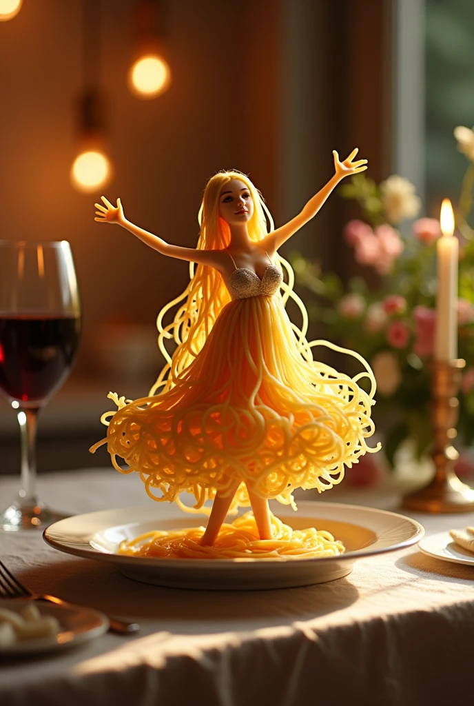 Create a whimsical and artistic scene featuring a single human-like figure made entirely of spaghetti. This figure should appear to be dancing gracefully on a plate. The background should depict a cozy kitchen setting with warm, ambient lighting, creating a romantic and intimate atmosphere. Include elements such as a glass of red wine and a beautifully set table to enhance the mood.
