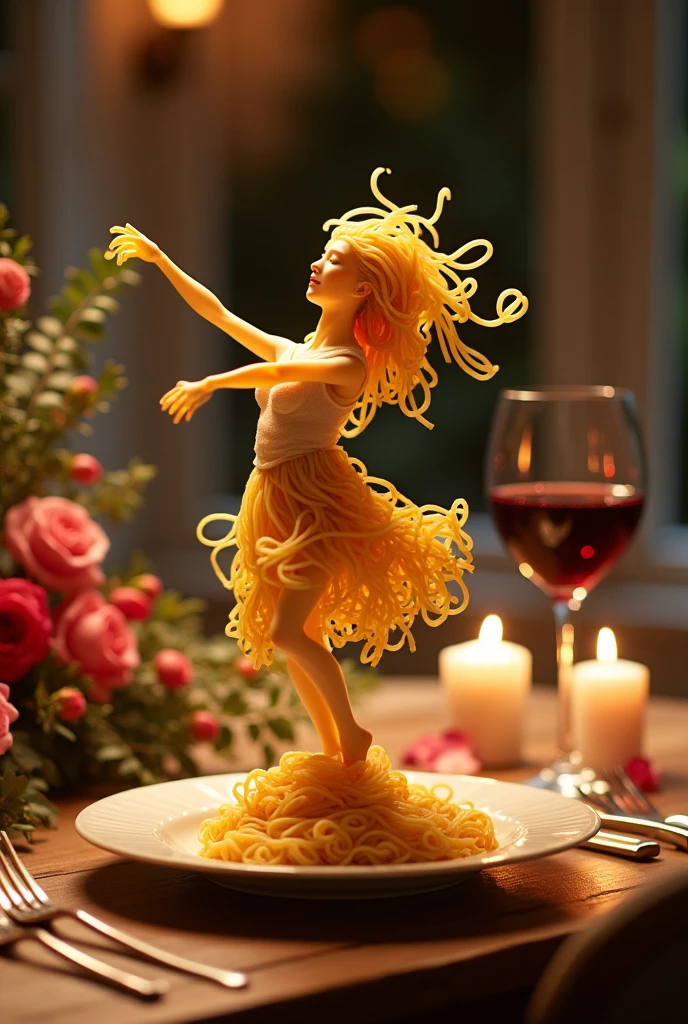 Create a whimsical and artistic scene featuring a single human-like figure made entirely of spaghetti. This figure should appear to be dancing gracefully on a plate. The background should depict a cozy kitchen setting with warm, ambient lighting, creating a romantic and intimate atmosphere. Include elements such as a glass of red wine and a beautifully set table to enhance the mood.